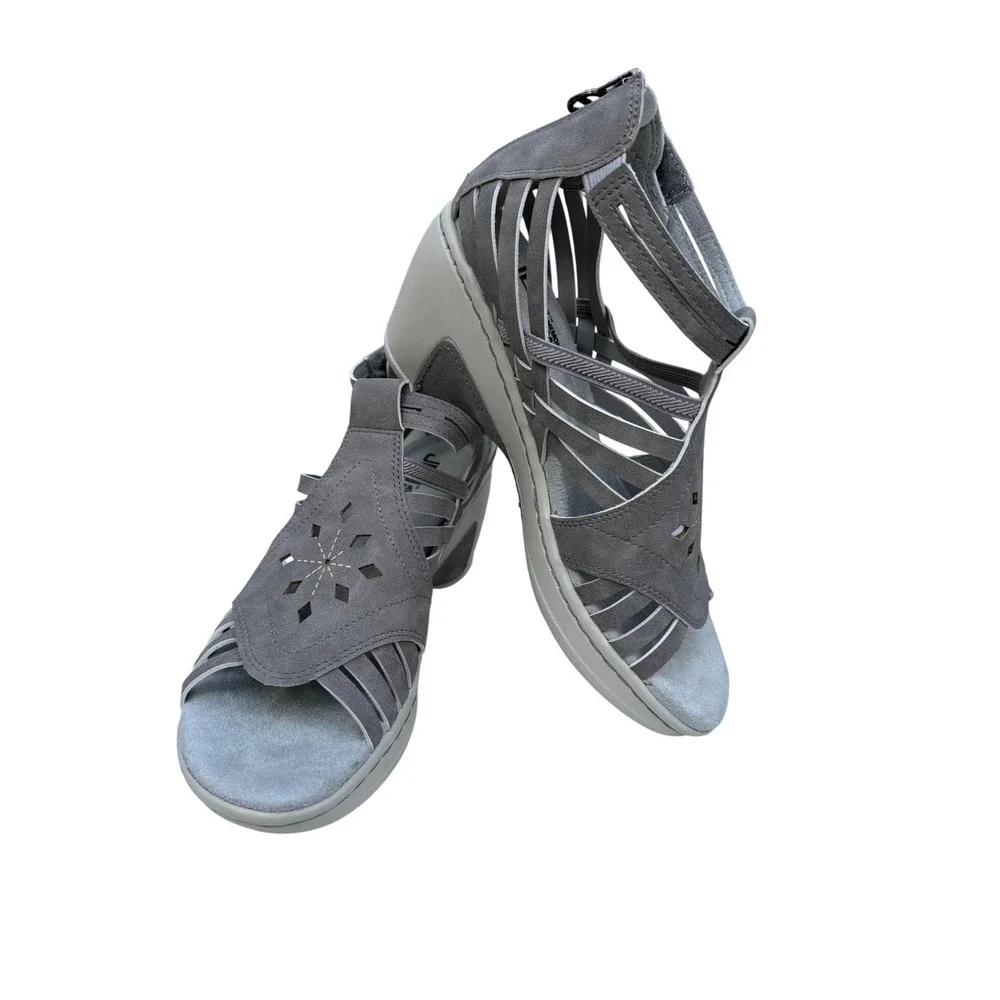 JBU Rowan Wedge Sandals Womens 7.5M Grey‎ Laser Cut Strappy Gladiator Comfort